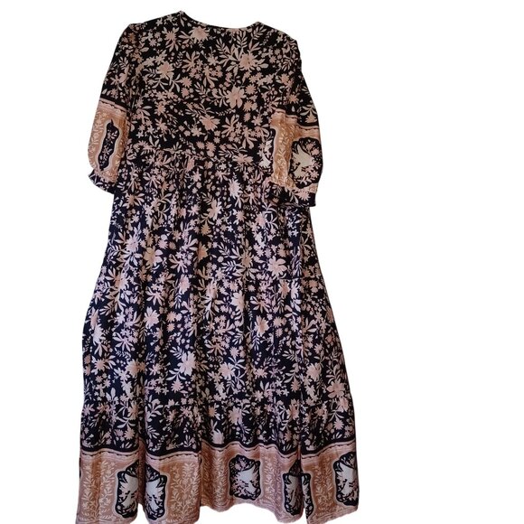 Womens Medium Boho Floral Maxi Dress Black Peach Soft Flowy Puff Sleeves V-Neck - Picture 2 of 5